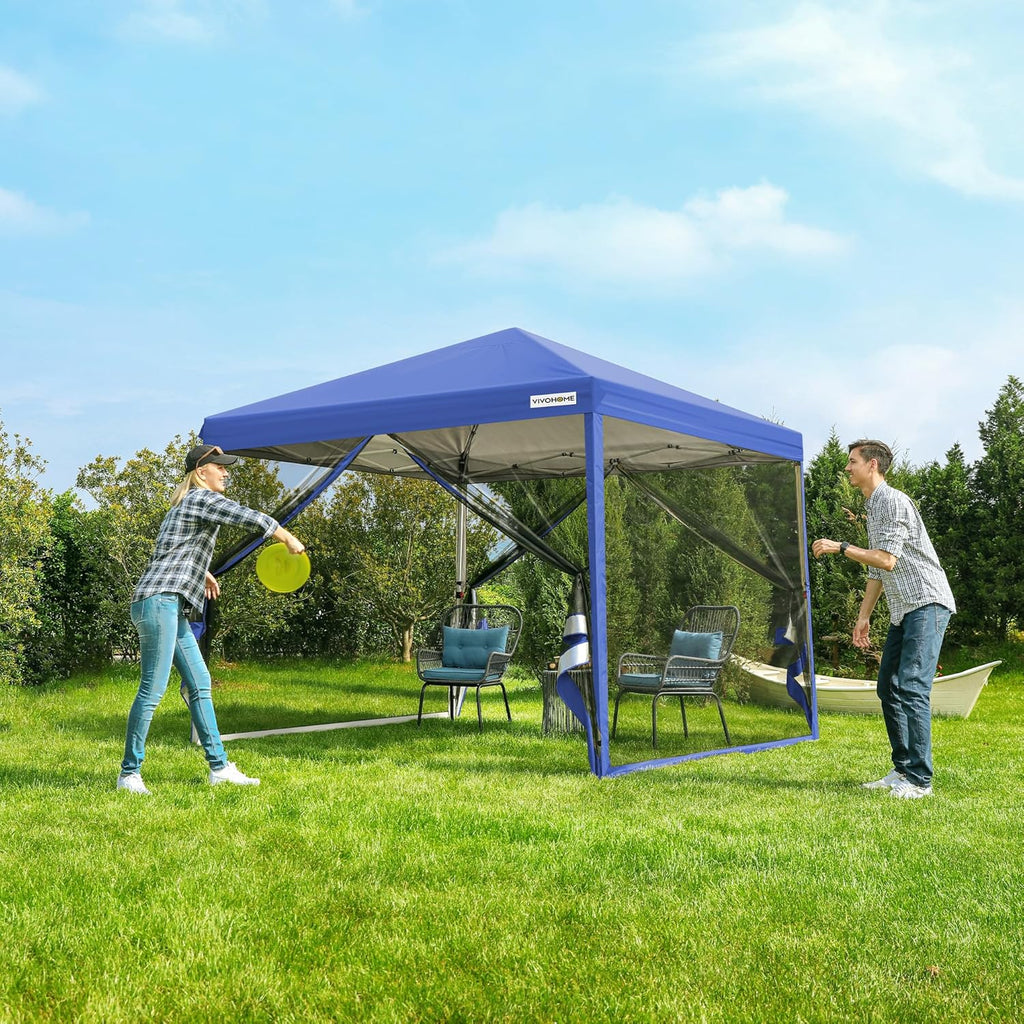 10x10ft Easy Pop-Up Canopy Outdoor Screen Tent with Mosquito Netting 2 Zipper Doors Roller Bag