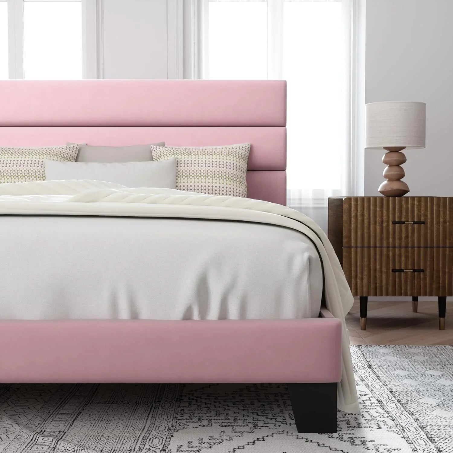 Allewie Queen Size Platform Bed Frame with Fabric Upholstered Headboard Wooden Slats Support