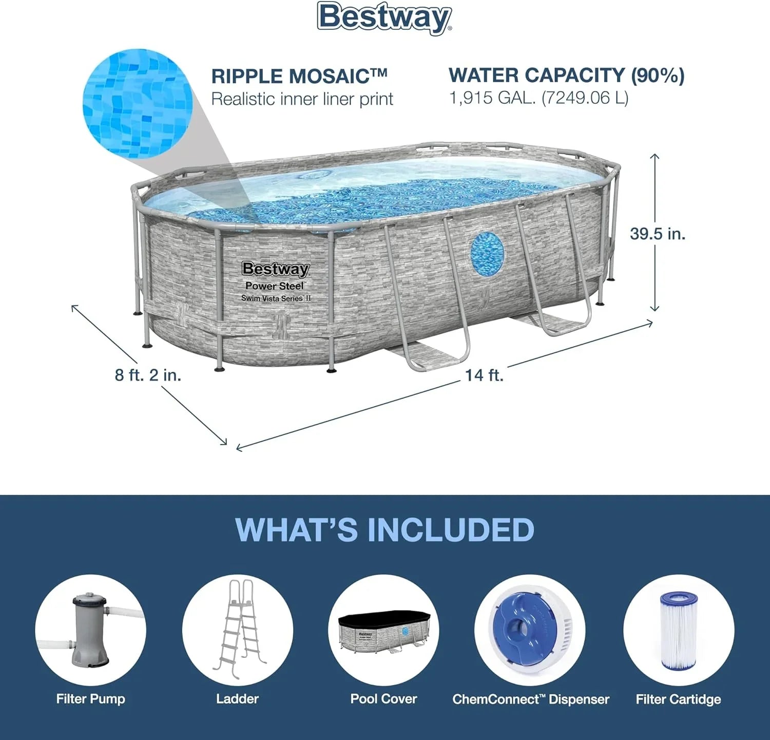 Power Steel 14' x 8'2" x 39.5" Oval Above Ground Pool Set Includes 530gal Filter Pump Ladder