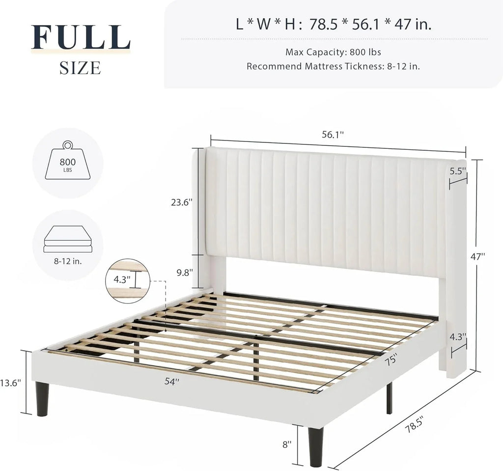 Allewie Full Size Velvet Bed Frame Vertical Channel Tufted Wingback Headboard Upholstered Bed