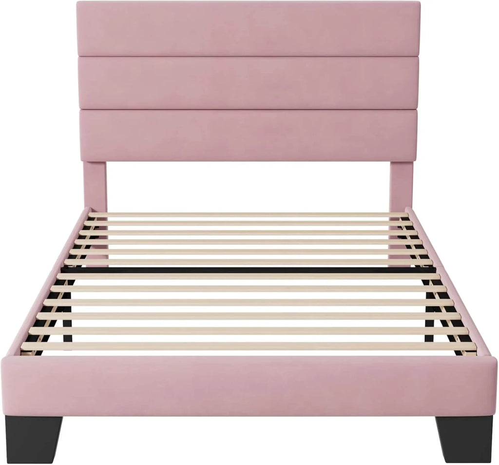 Allewie Queen Size Platform Bed Frame with Fabric Upholstered Headboard Wooden Slats Support