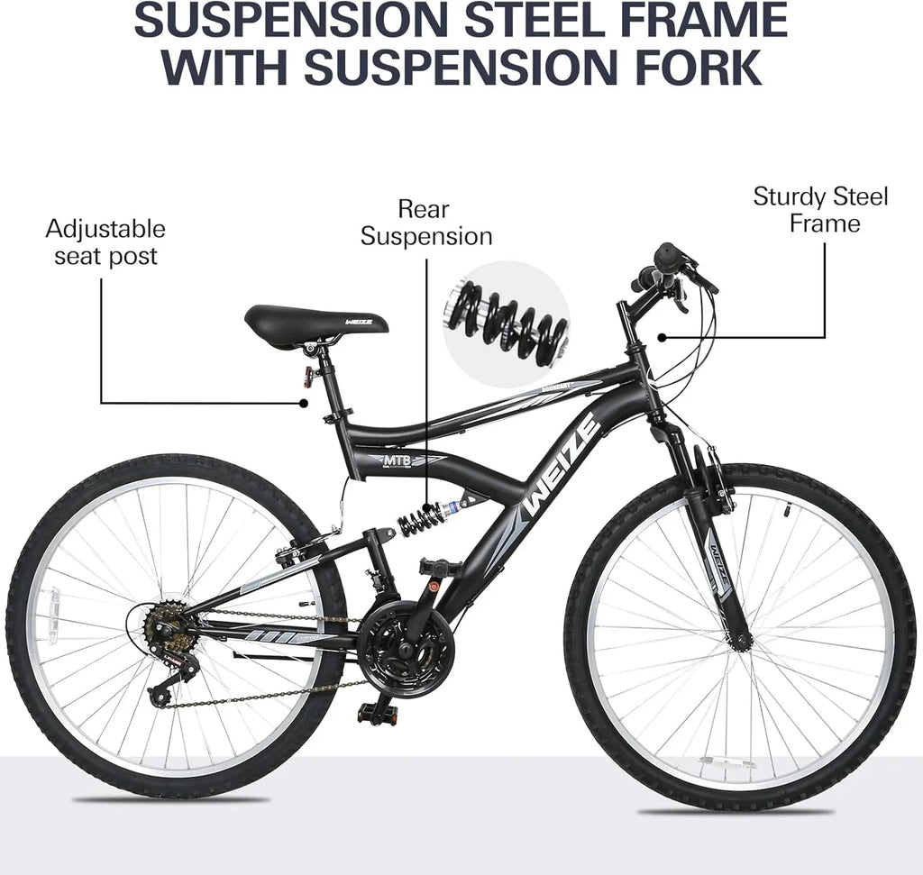 WEIZE Mountain Bike 26 27.5 inch Outdoor Hybrid Bikes 18-Speed High-Carbon Steel Full Suspension