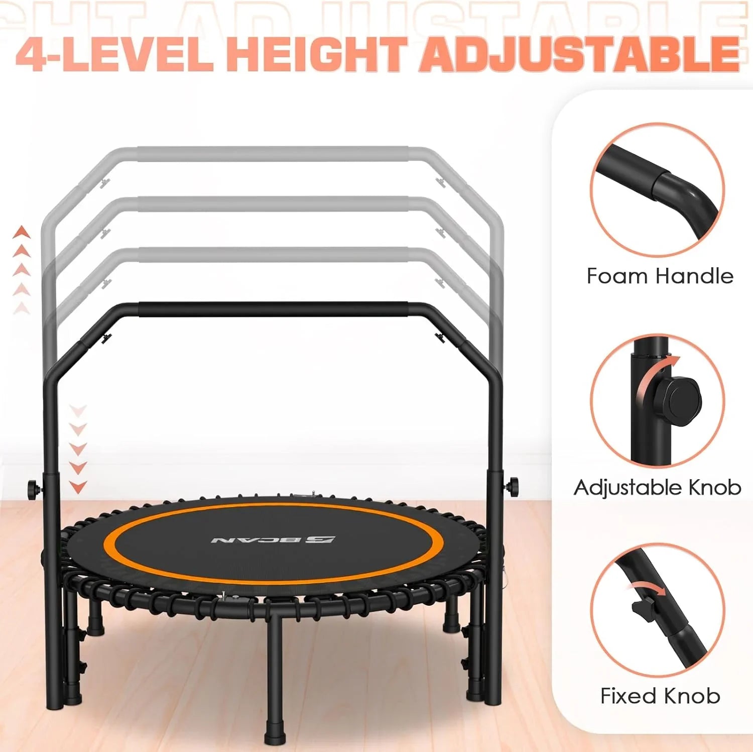 BCAN 450/550 LBS Foldable Mini Trampoline Fitness Trampoline Bungees Adjustable Foam Handle