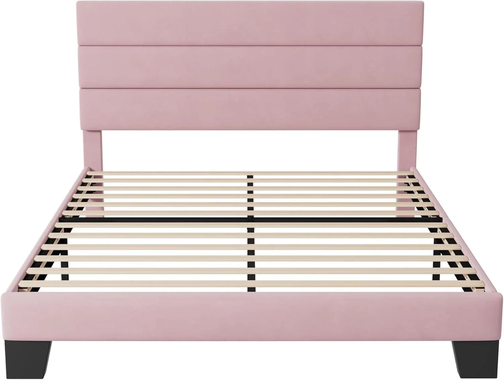Allewie Queen Size Platform Bed Frame with Fabric Upholstered Headboard Wooden Slats Support