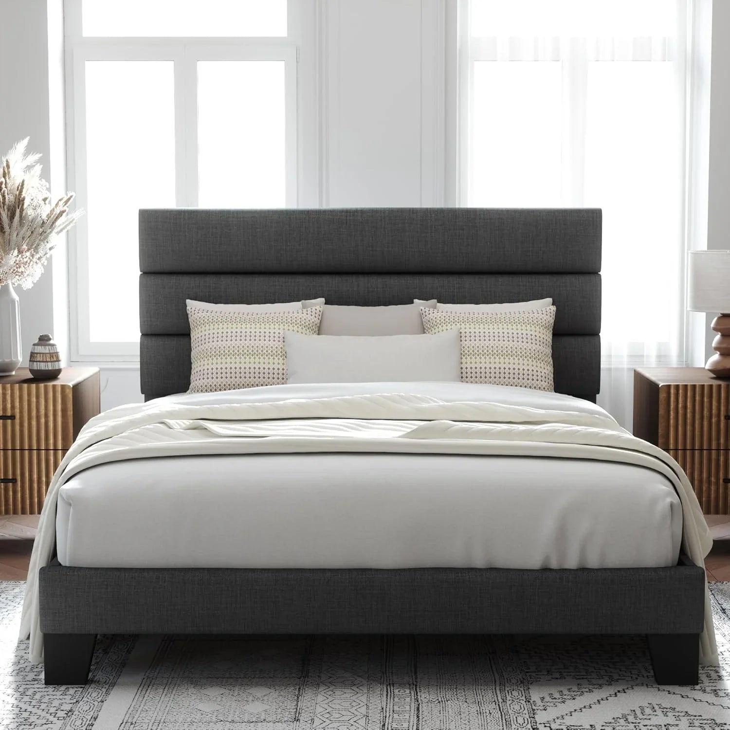 Allewie Queen Size Platform Bed Frame with Fabric Upholstered Headboard Wooden Slats Support