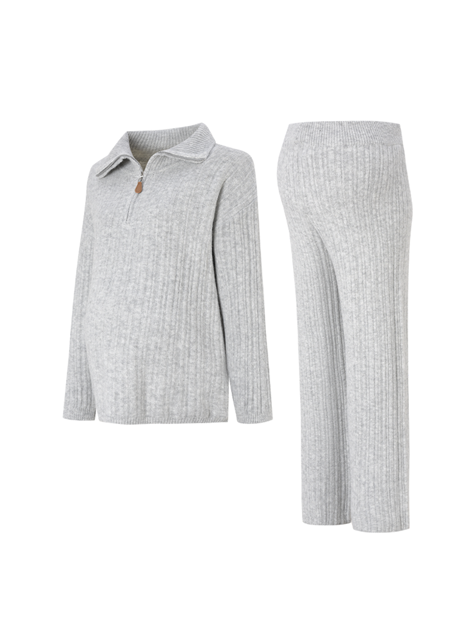 2pcs Maternity Lounge Set Zip Polo Sweater Top High-Stretch Elastic Waist Straight-Leg Pants Autumn Cozy Outfit for Women