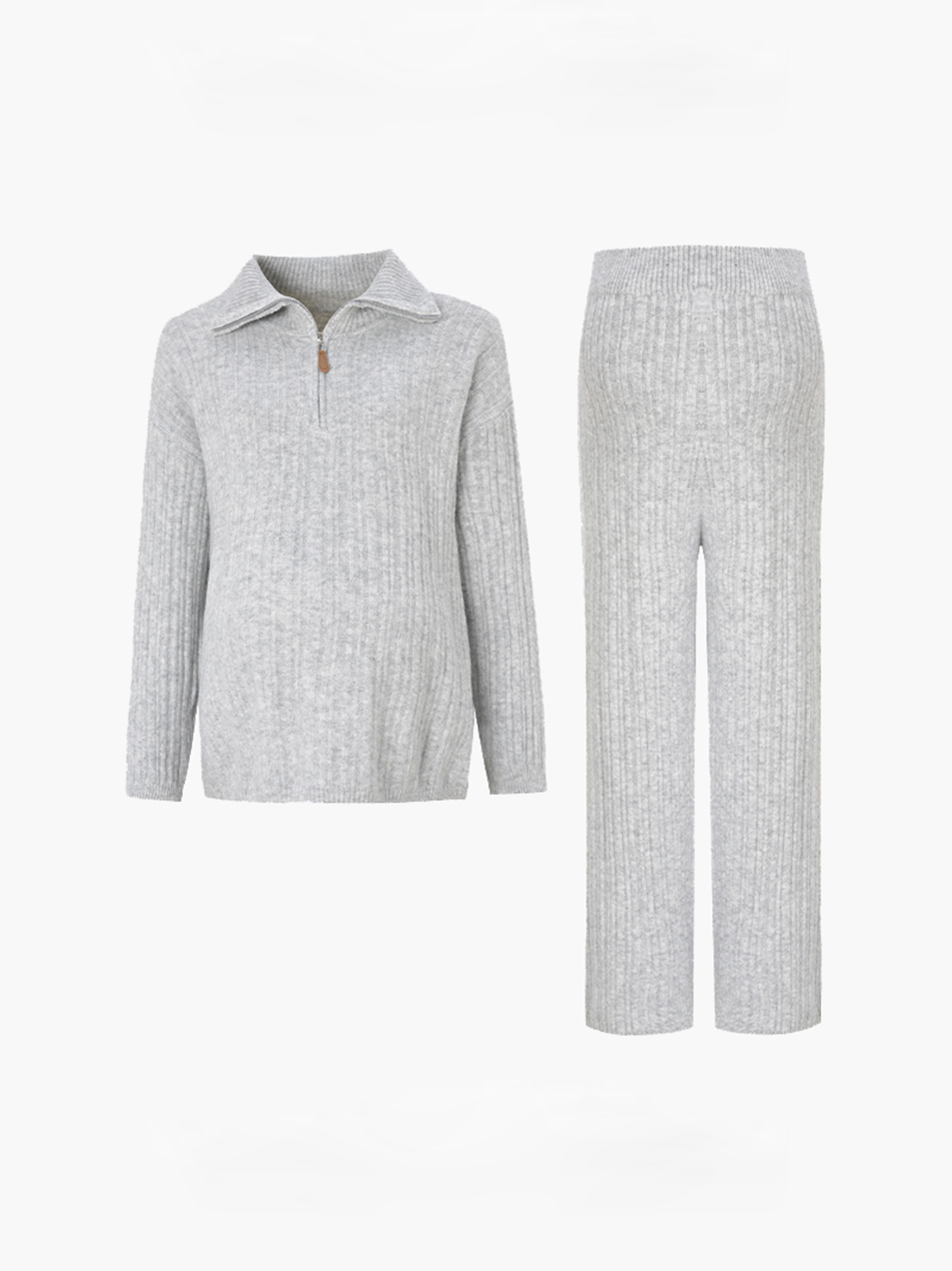 2pcs Maternity Lounge Set Zip Polo Sweater Top High-Stretch Elastic Waist Straight-Leg Pants Autumn Cozy Outfit for Women