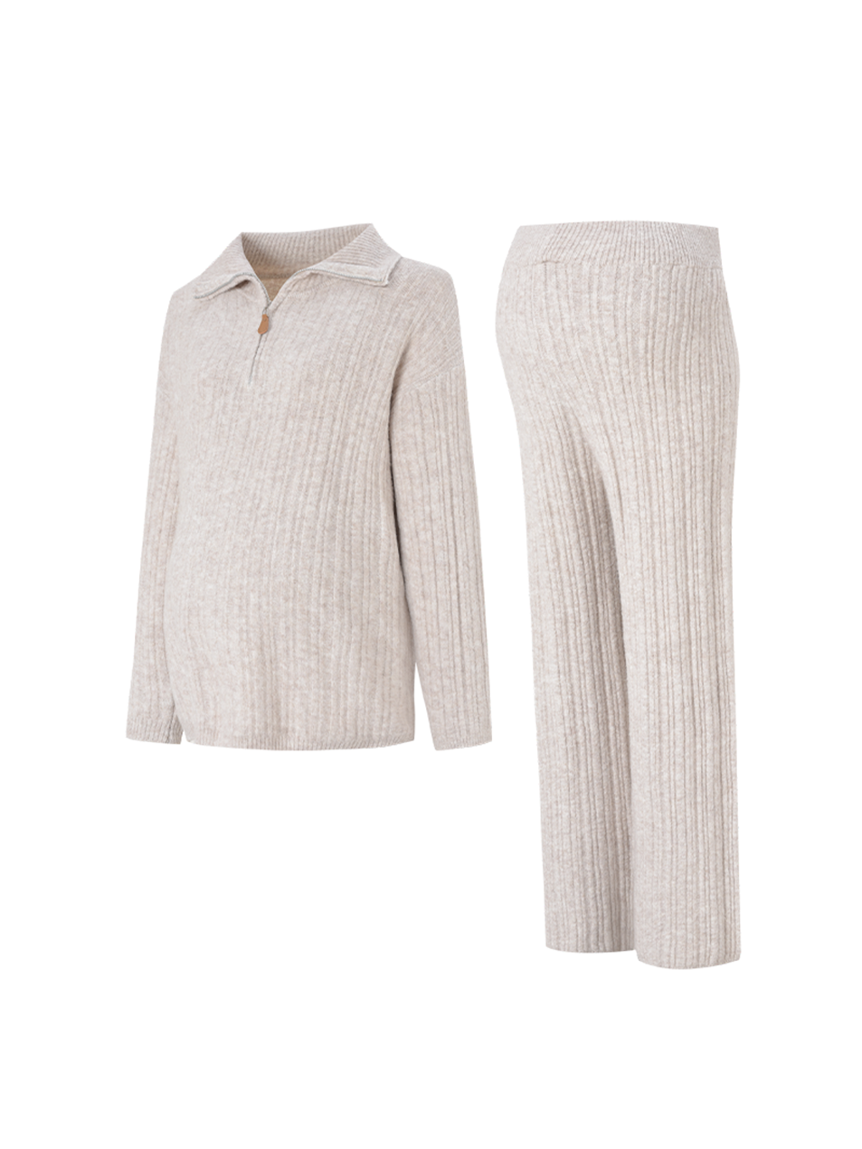 2pcs Maternity Lounge Set Zip Polo Sweater Top High-Stretch Elastic Waist Straight-Leg Pants Autumn Cozy Outfit for Women