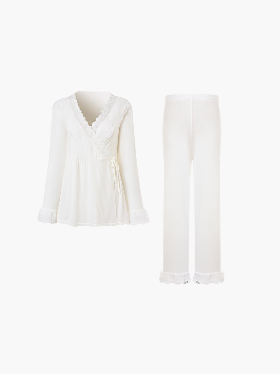 Maternity Pajama Set with Contrast Lace Ruffle Trim Cozy Fall Sleepwear for Moms