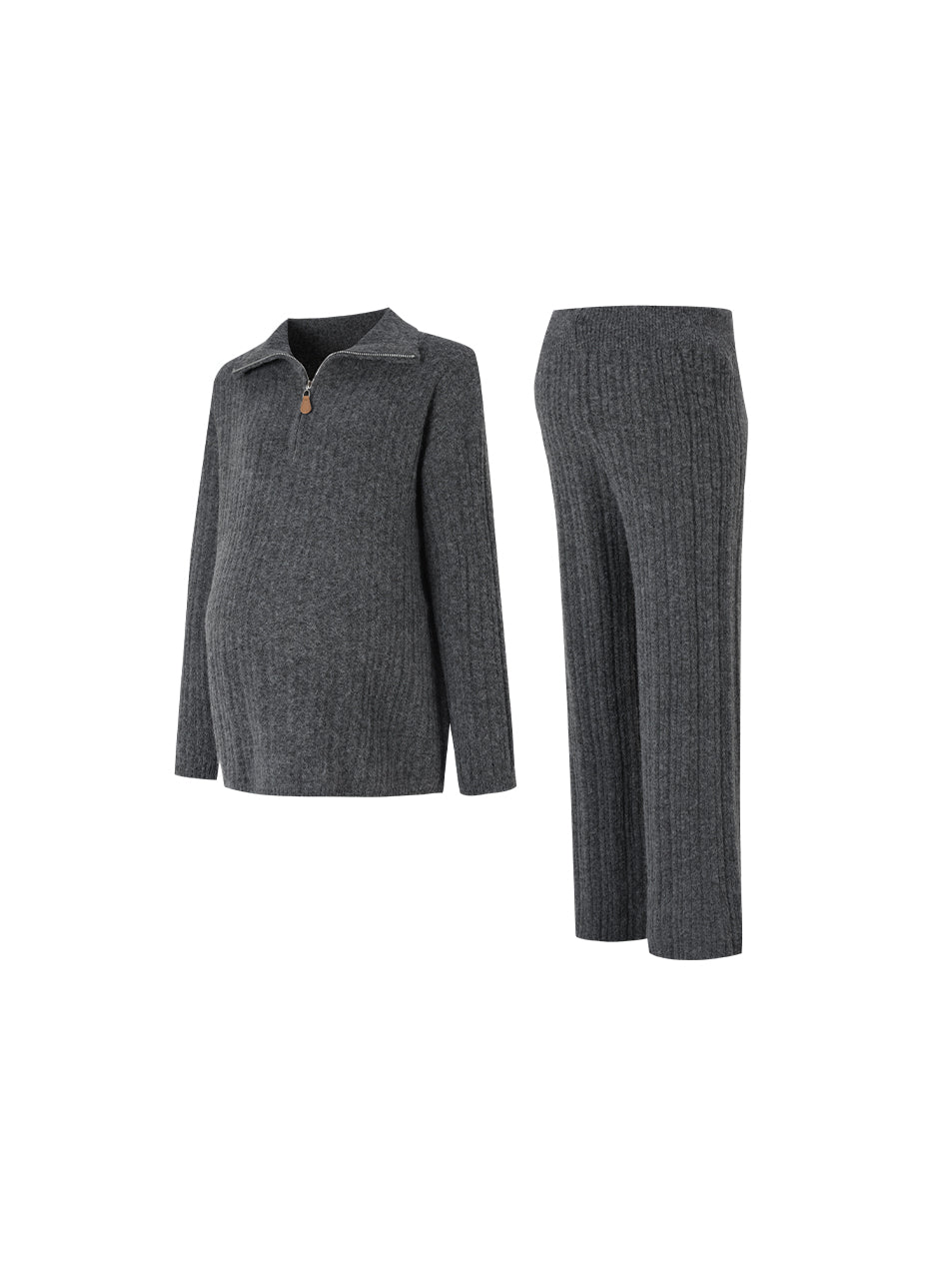2pcs Maternity Lounge Set Zip Polo Sweater Top High-Stretch Elastic Waist Straight-Leg Pants Autumn Cozy Outfit