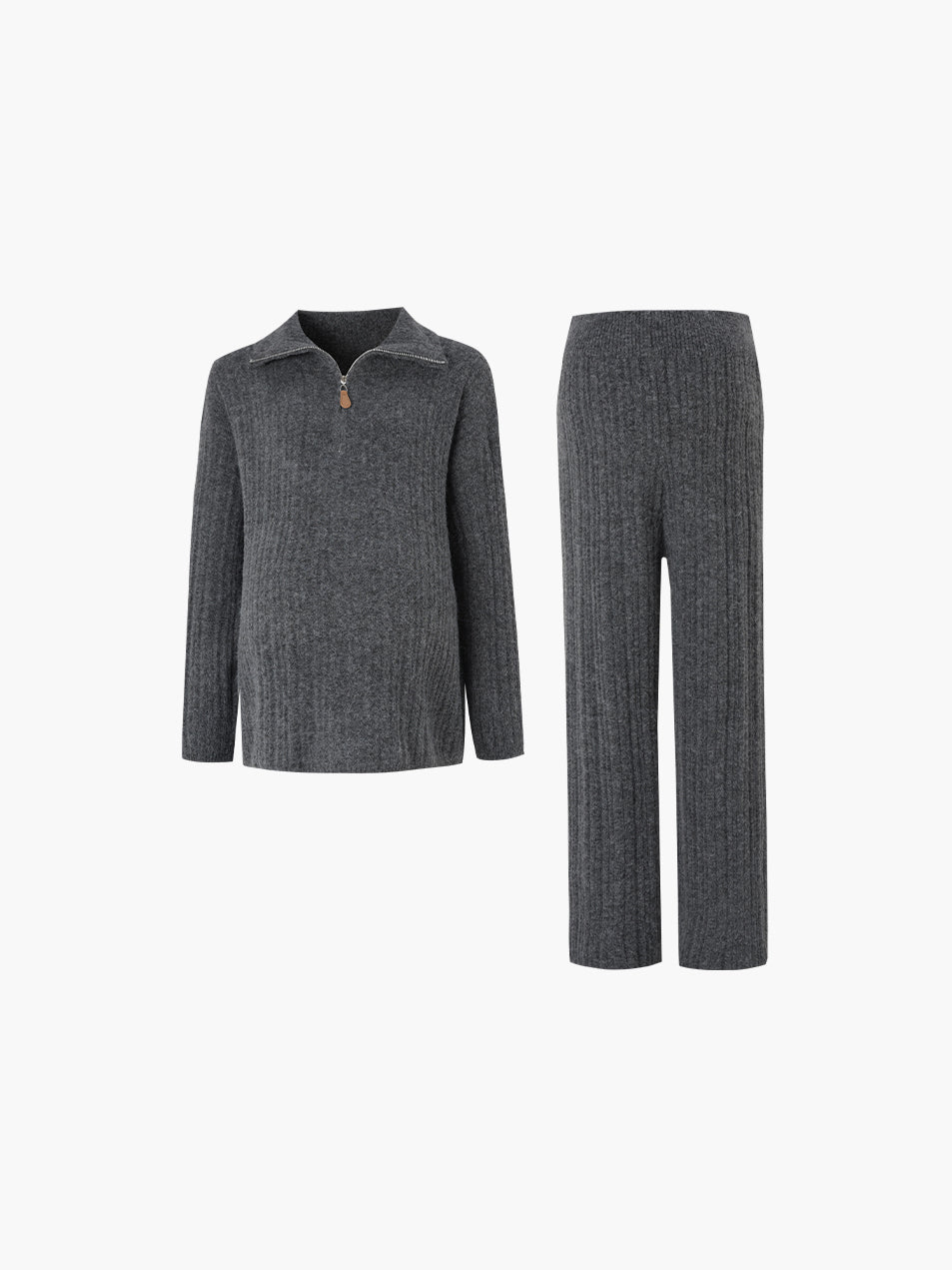 2pcs Maternity Lounge Set Zip Polo Sweater Top High-Stretch Elastic Waist Straight-Leg Pants Autumn Cozy Outfit