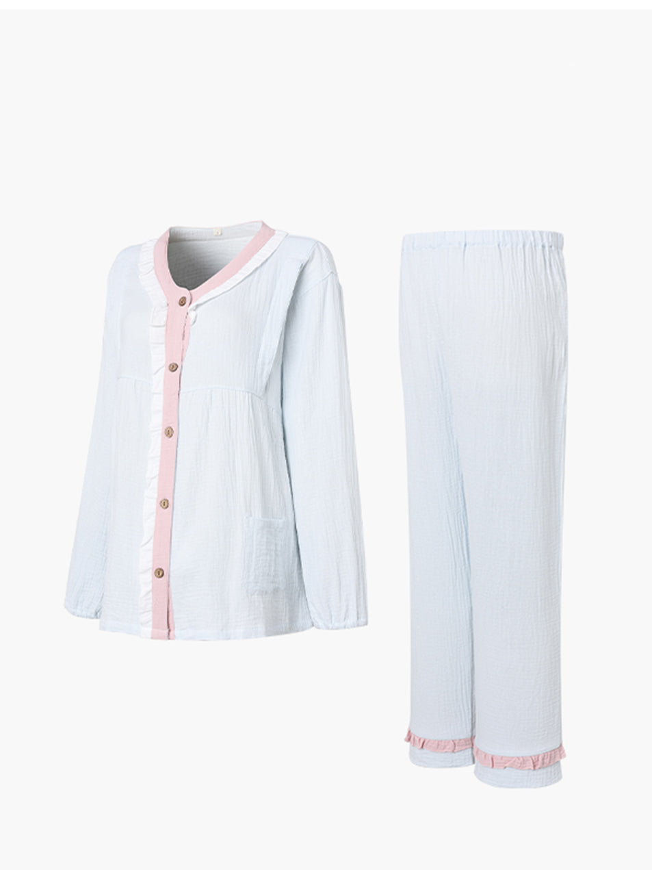 Maternity Contrast Piping Pocket Patched Shirt  Pants PJ Set Pajama Set For Mother