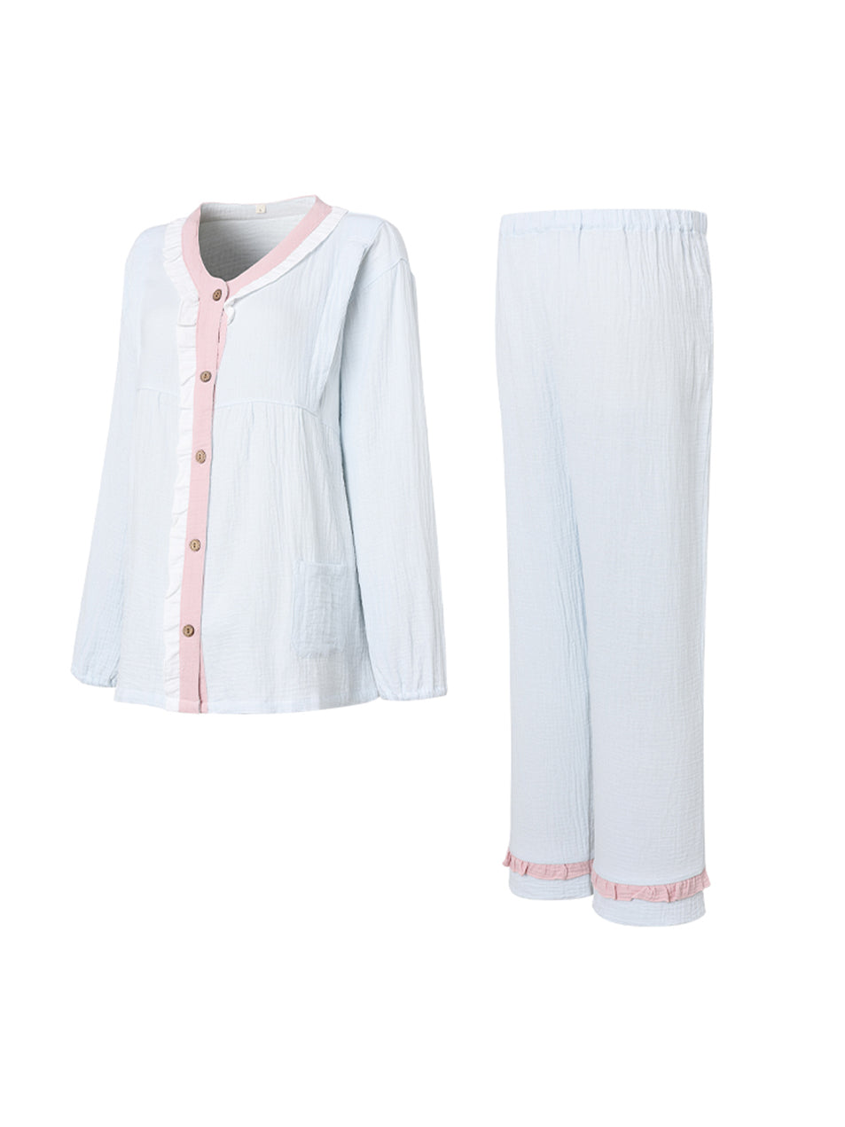 Maternity Contrast Piping Pocket Patched Shirt  Pants PJ Set Pajama Set For Mother