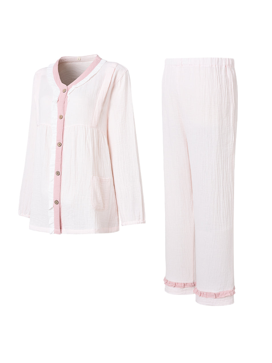 Maternity Contrast Piping Pocket Patched Shirt  Pants PJ Set Pajama Set For Mother Pink